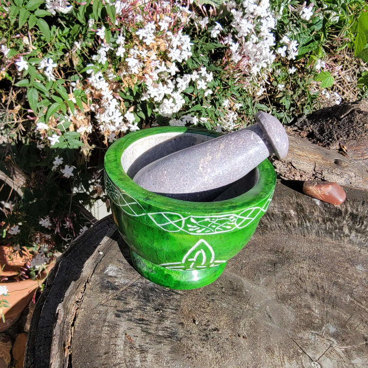 Soapstone Mortar and Pestle with Triquerta Celtic knotwork, - SOUTHBAYSALTS 