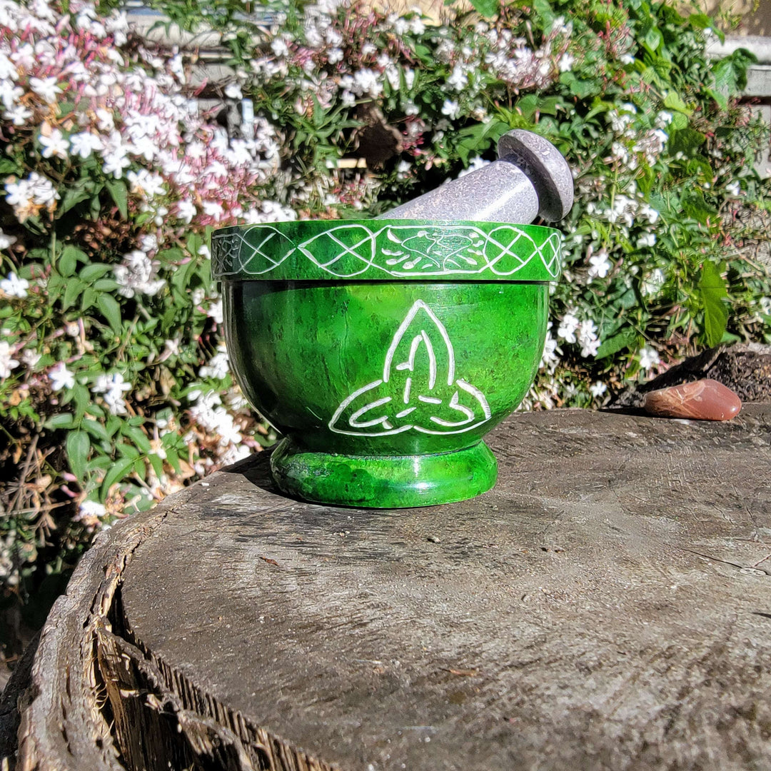 Soapstone Mortar and Pestle with Triquerta Celtic knotwork, - SOUTHBAYSALTS 