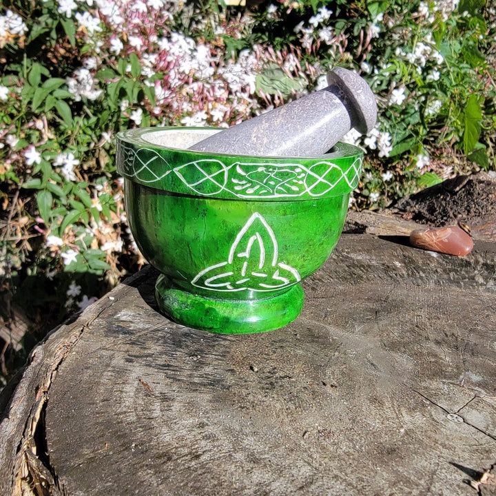 Soapstone Mortar and Pestle with Triquerta Celtic knotwork, - SOUTHBAYSALTS 