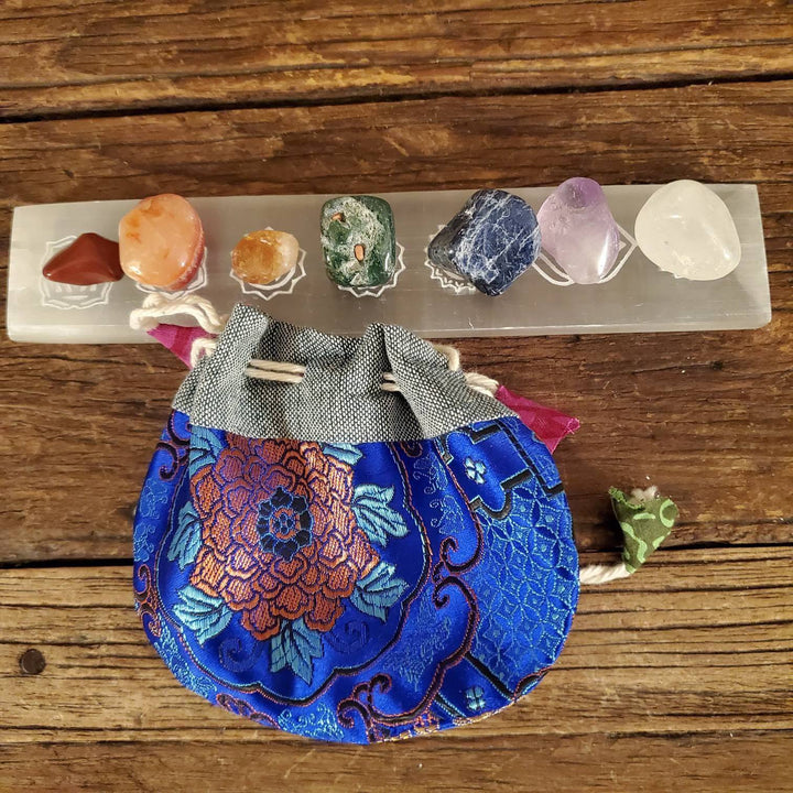 Etched 7 Chakra Morrocan Selenite Stick, Seven Chakras etched on Morrocan Selenite Stick with optional Tumbled Stones and Pouch - SOUTHBAYSALTS 