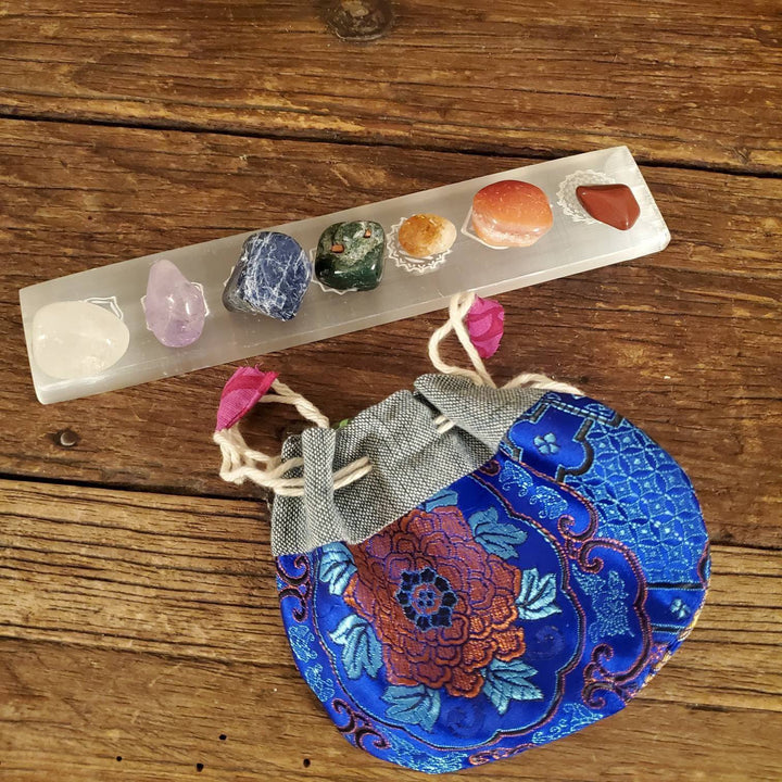 Etched 7 Chakra Morrocan Selenite Stick, Seven Chakras etched on Morrocan Selenite Stick with optional Tumbled Stones and Pouch - SOUTHBAYSALTS 