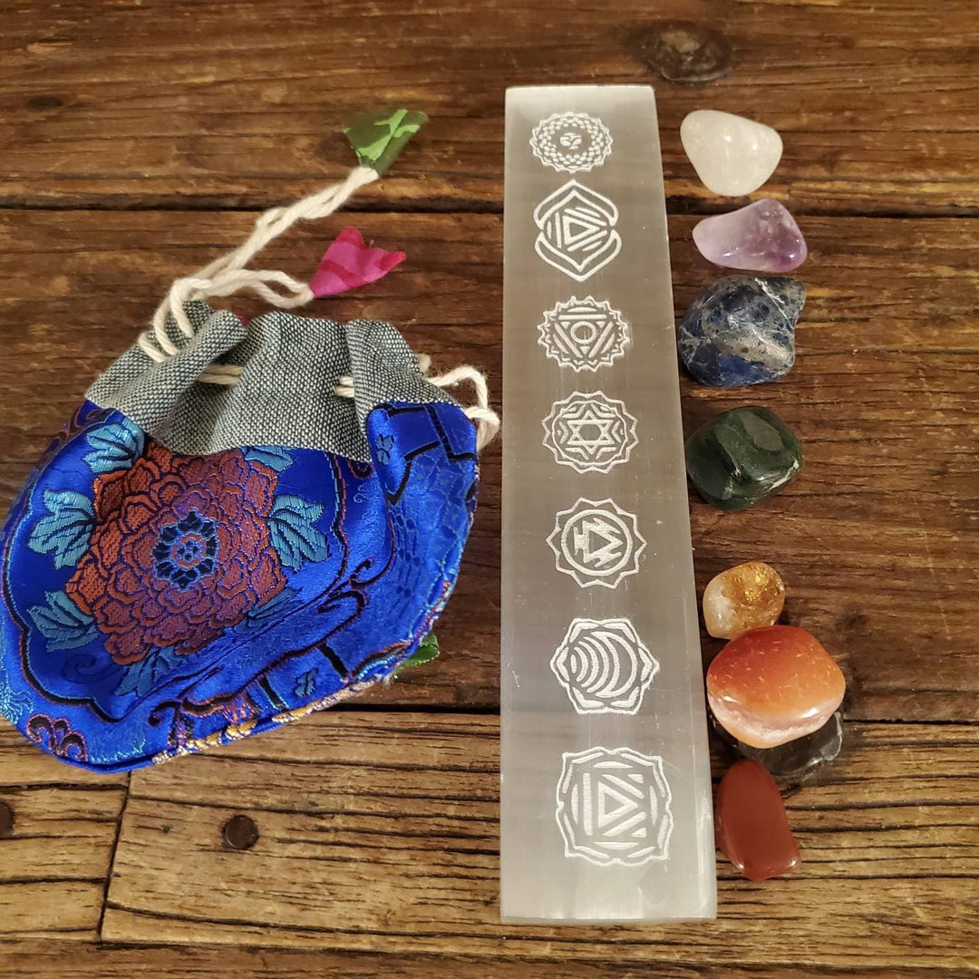 Etched 7 Chakra Morrocan Selenite Stick, Seven Chakras etched on Morrocan Selenite Stick with optional Tumbled Stones and Pouch - SOUTHBAYSALTS 