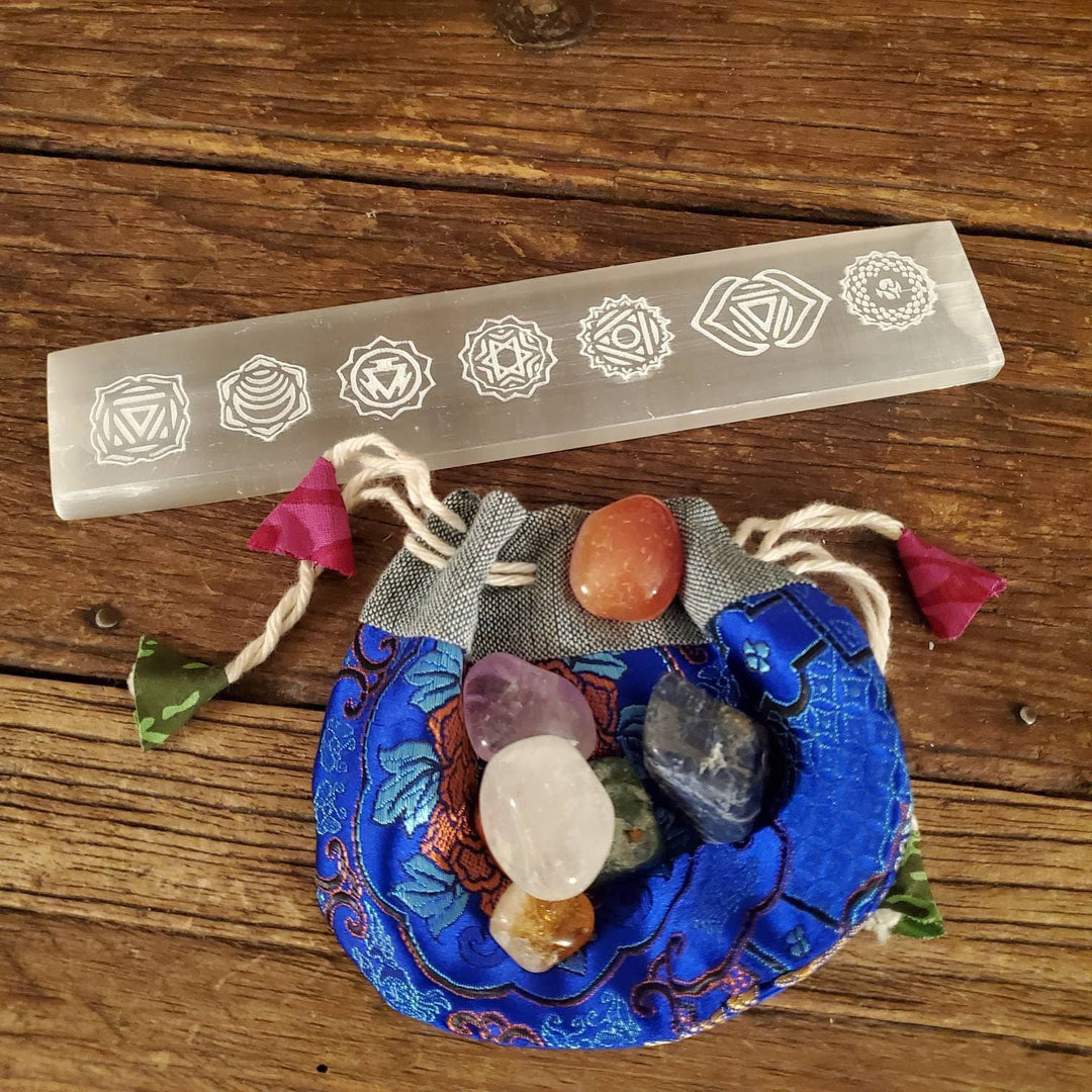 Etched 7 Chakra Morrocan Selenite Stick, Seven Chakras etched on Morrocan Selenite Stick with optional Tumbled Stones and Pouch - SOUTHBAYSALTS 