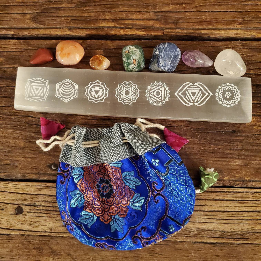 Etched 7 Chakra Morrocan Selenite Stick, Seven Chakras etched on Morrocan Selenite Stick with optional Tumbled Stones and Pouch - SOUTHBAYSALTS 