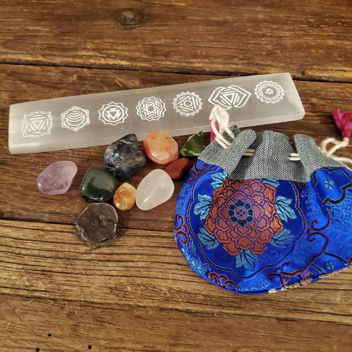 Etched 7 Chakra Morrocan Selenite Stick, Seven Chakras etched on Morrocan Selenite Stick with optional Tumbled Stones and Pouch - SOUTHBAYSALTS 