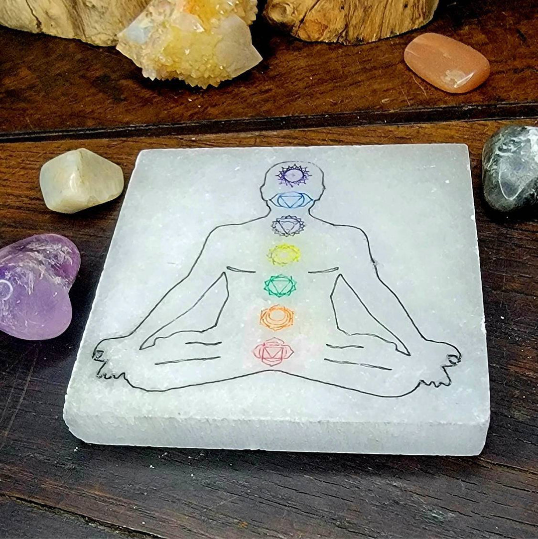 Selenite Square Plate, Moroccan Selenite Plate with Chakra Stamp, Crystal Square Selenite charging Plate - SOUTHBAYSALTS 