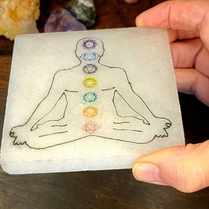 Selenite Square Plate, Moroccan Selenite Plate with Chakra Stamp, Crystal Square Selenite charging Plate - SOUTHBAYSALTS 