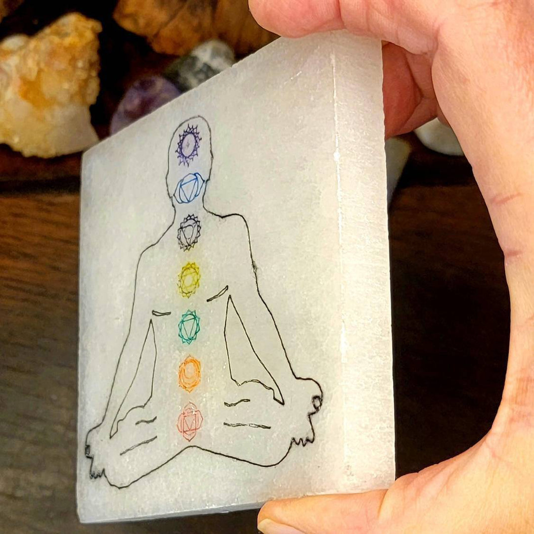 Selenite Square Plate, Moroccan Selenite Plate with Chakra Stamp, Crystal Square Selenite charging Plate - SOUTHBAYSALTS 