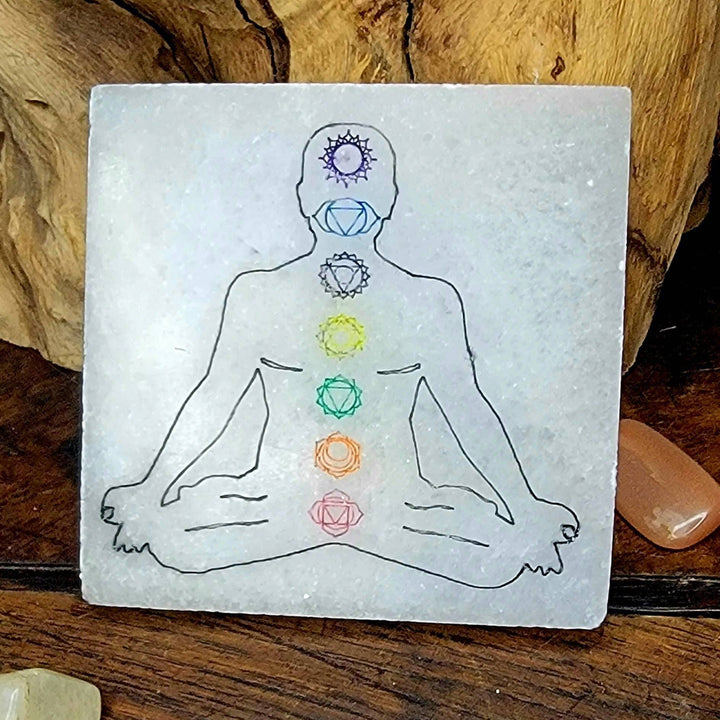 Selenite Square Plate, Moroccan Selenite Plate with Chakra Stamp, Crystal Square Selenite charging Plate - SOUTHBAYSALTS 