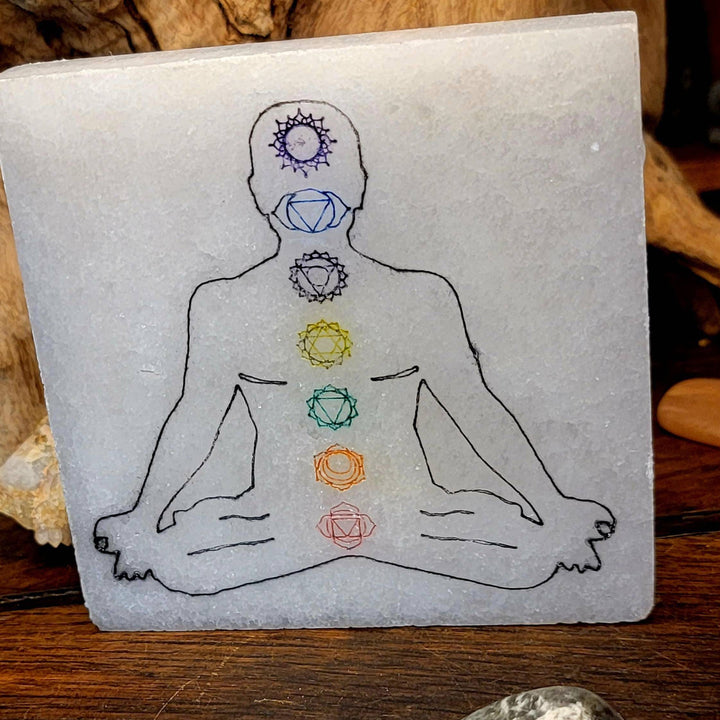 Selenite Square Plate, Moroccan Selenite Plate with Chakra Stamp, Crystal Square Selenite charging Plate - SOUTHBAYSALTS 