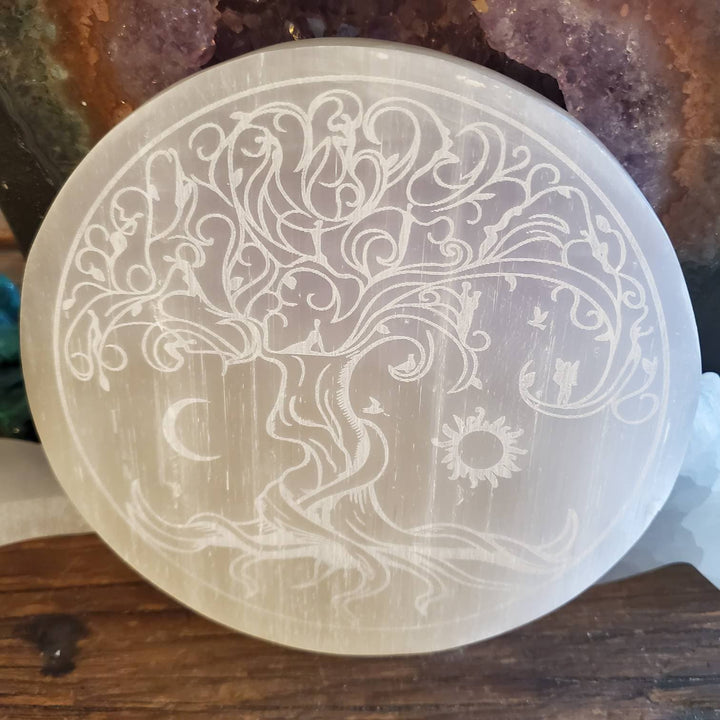 Tree of Life Etched Selenite Plate, Morrocan Selenite Etched Tree of Life Cleansing Plate - SOUTHBAYSALTS 