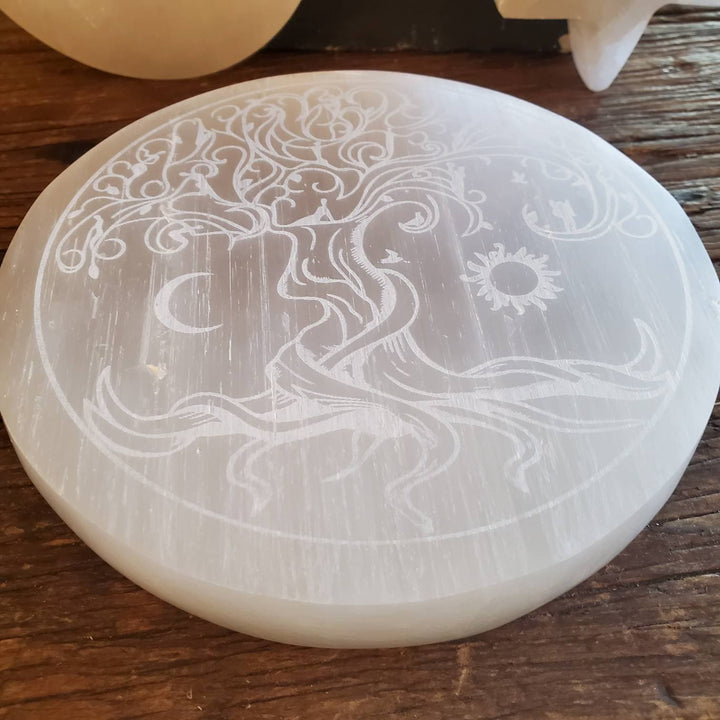 Tree of Life Etched Selenite Plate, Morrocan Selenite Etched Tree of Life Cleansing Plate - SOUTHBAYSALTS 