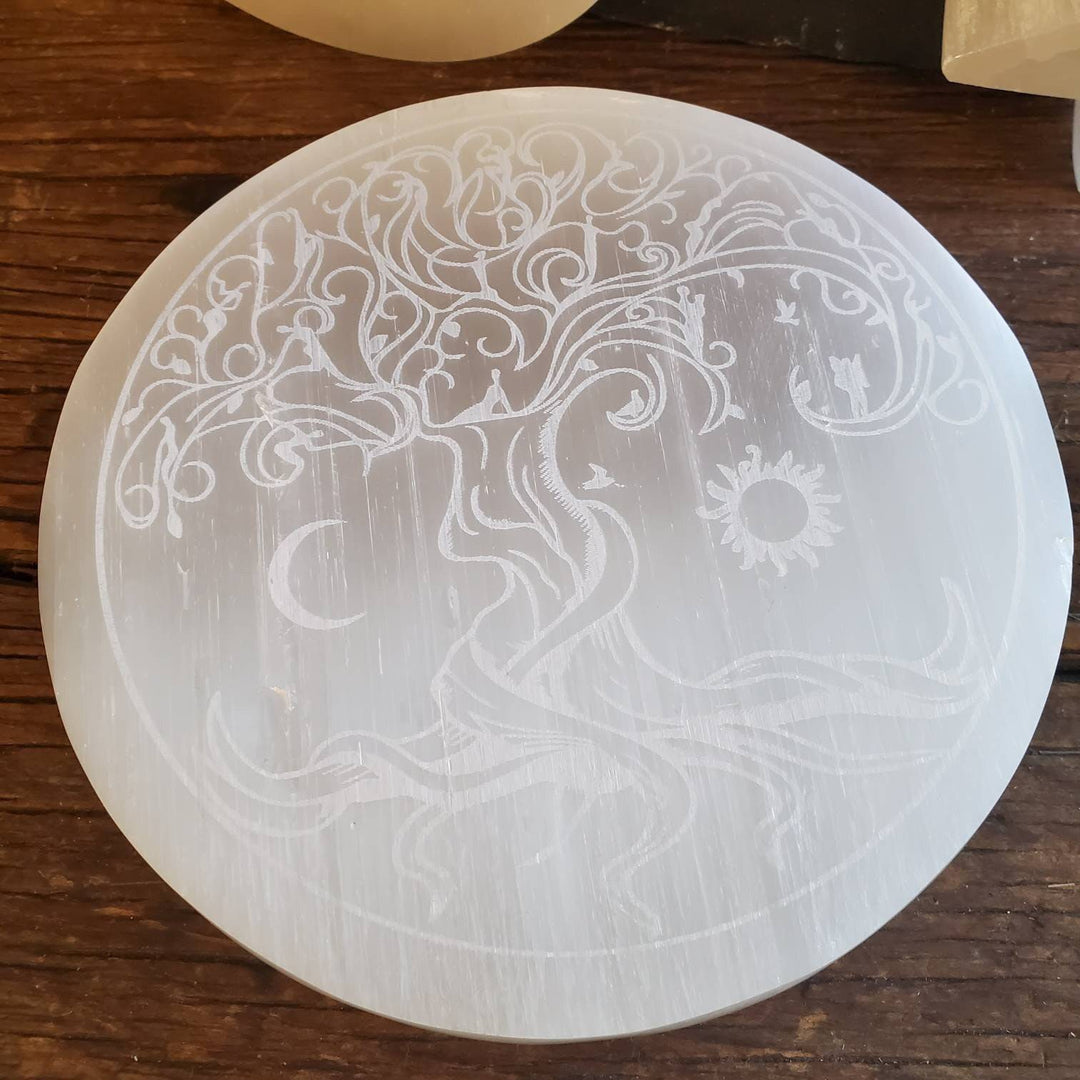 Tree of Life Etched Selenite Plate, Morrocan Selenite Etched Tree of Life Cleansing Plate - SOUTHBAYSALTS 