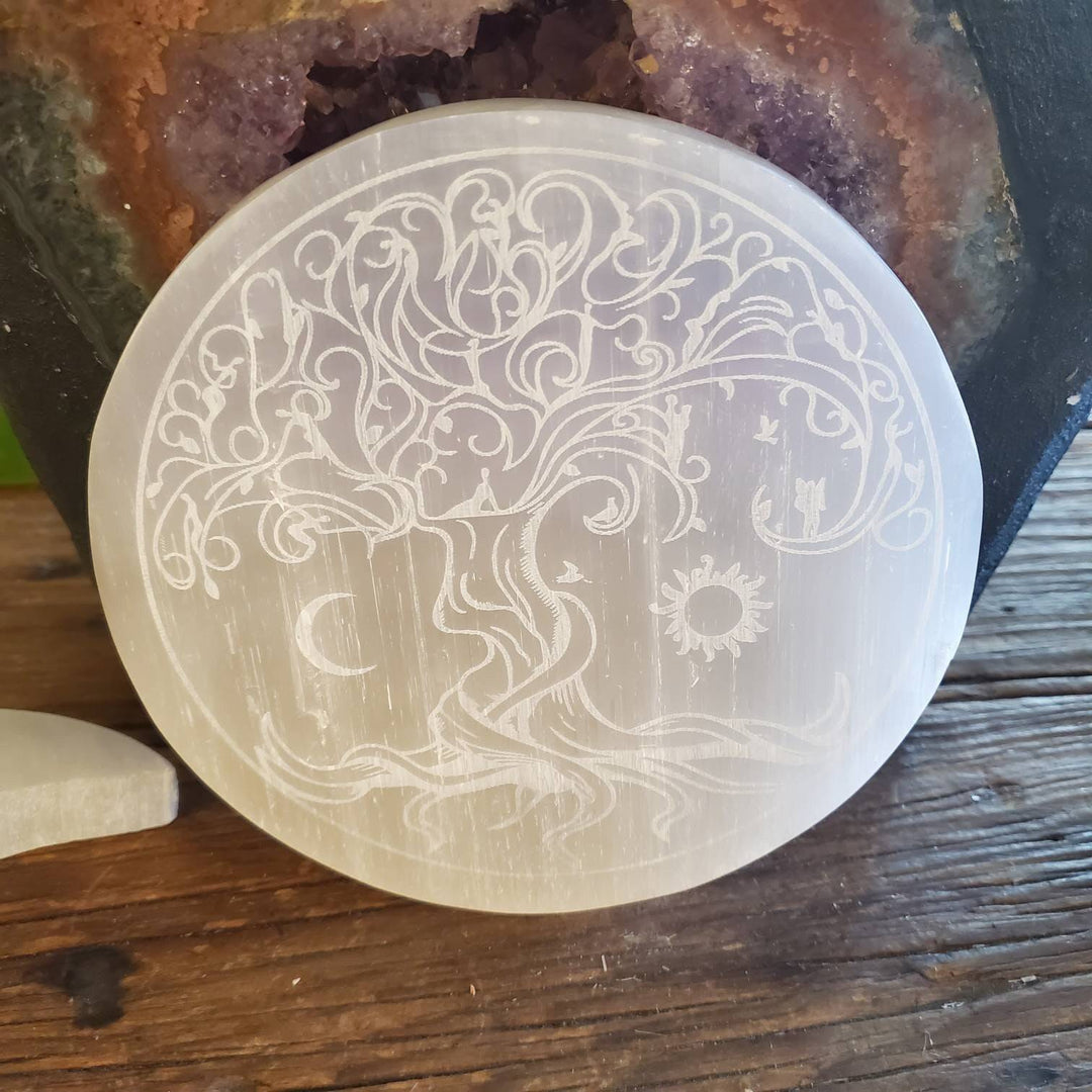 Tree of Life Etched Selenite Plate, Morrocan Selenite Etched Tree of Life Cleansing Plate - SOUTHBAYSALTS 