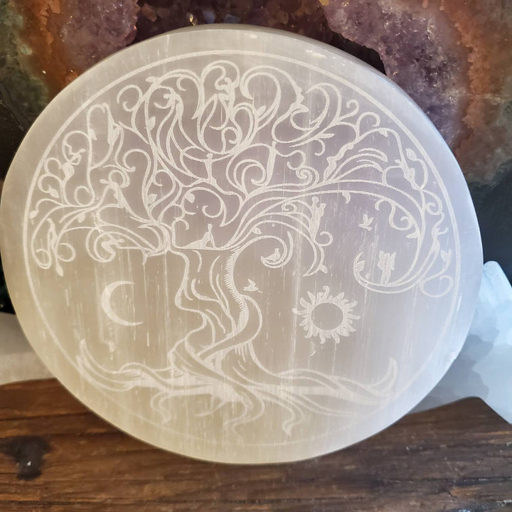 Tree of Life Etched Selenite Plate, Morrocan Selenite Etched Tree of Life Cleansing Plate - SOUTHBAYSALTS 