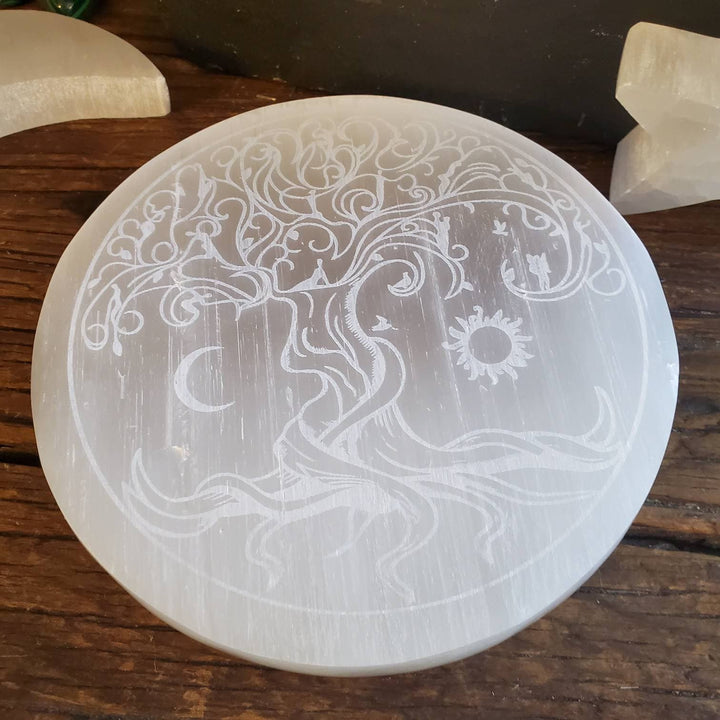 Tree of Life Etched Selenite Plate, Morrocan Selenite Etched Tree of Life Cleansing Plate - SOUTHBAYSALTS 