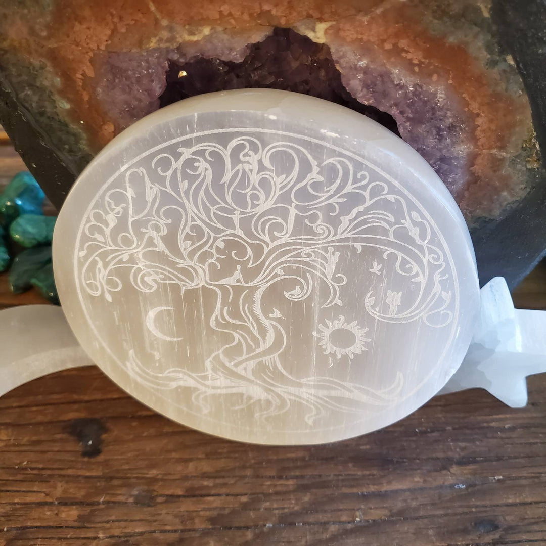 Tree of Life Etched Selenite Plate, Morrocan Selenite Etched Tree of Life Cleansing Plate - SOUTHBAYSALTS 