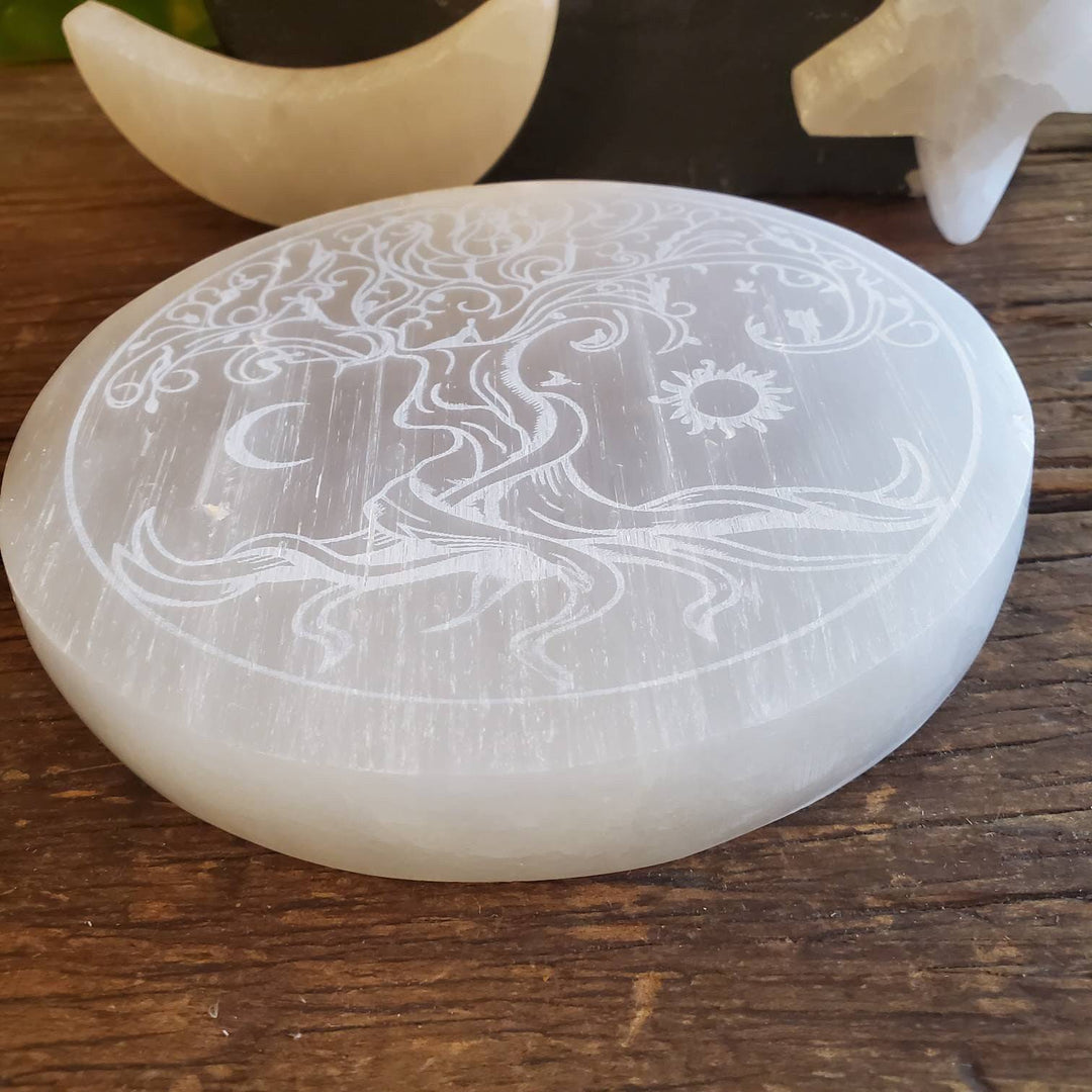 Tree of Life Etched Selenite Plate, Morrocan Selenite Etched Tree of Life Cleansing Plate - SOUTHBAYSALTS 