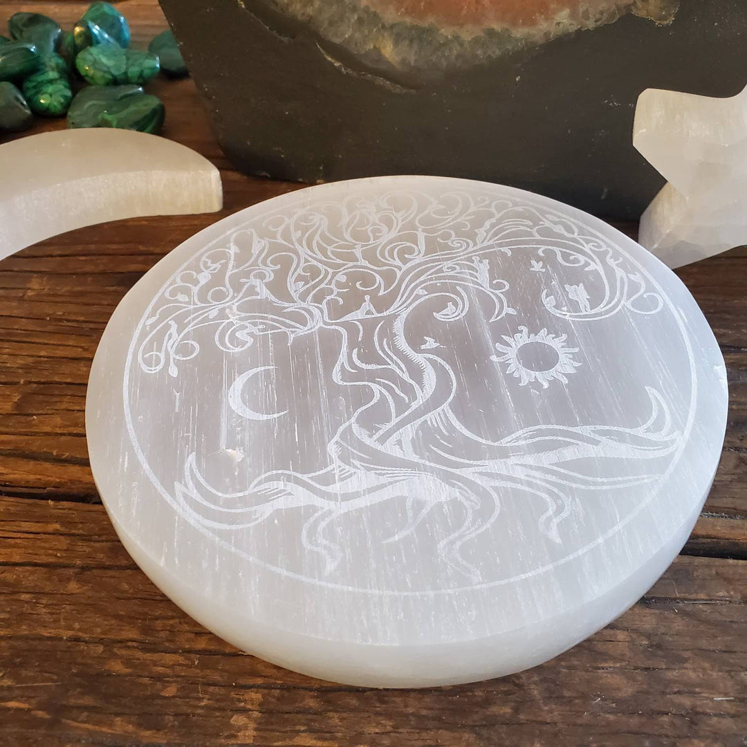 Tree of Life Etched Selenite Plate, Morrocan Selenite Etched Tree of Life Cleansing Plate - SOUTHBAYSALTS 