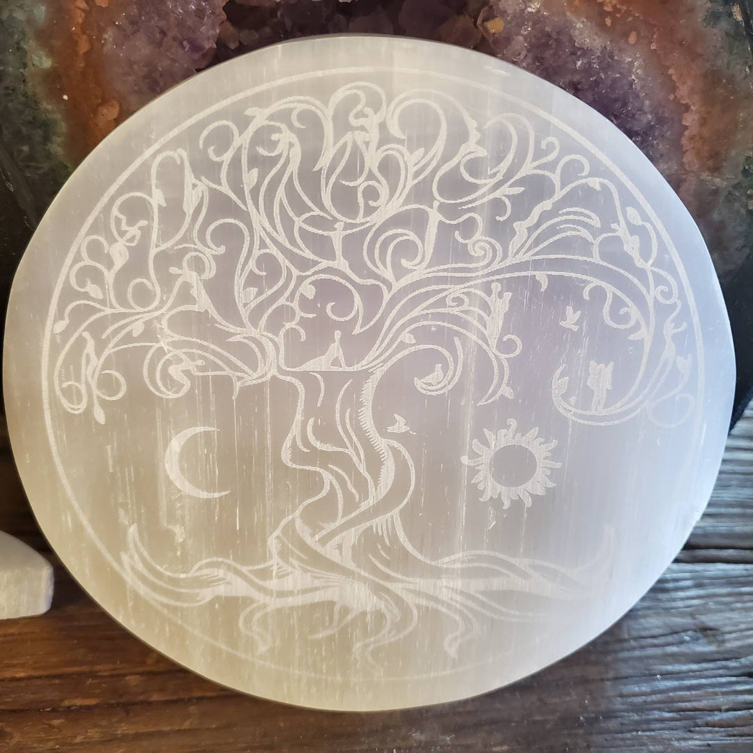 Tree of Life Etched Selenite Plate, Morrocan Selenite Etched Tree of Life Cleansing Plate - SOUTHBAYSALTS 