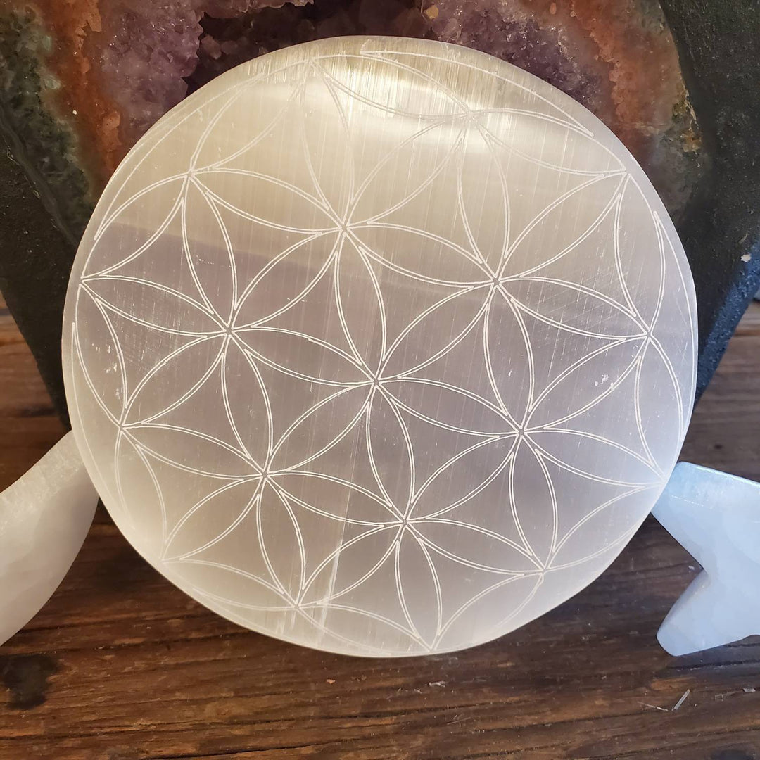 Flower of Life Etched Selenite Plate, Morrocan Selenite Etched Flower of Life Cleansing Plate - SOUTHBAYSALTS 