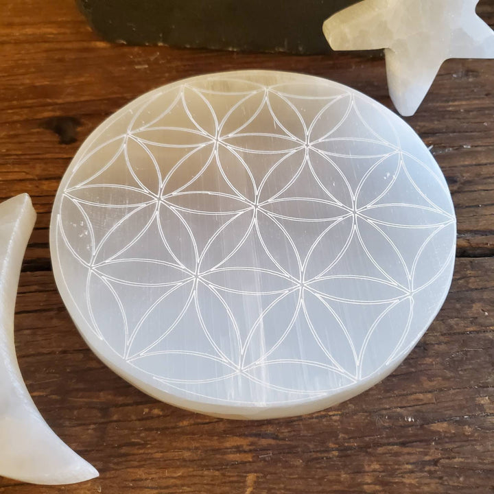 Flower of Life Etched Selenite Plate, Morrocan Selenite Etched Flower of Life Cleansing Plate - SOUTHBAYSALTS 