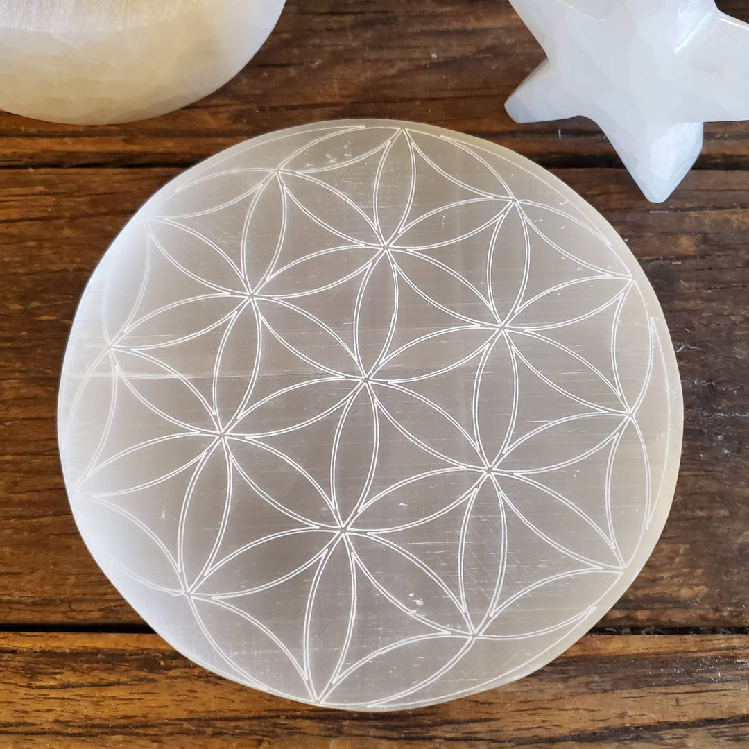 Flower of Life Etched Selenite Plate, Morrocan Selenite Etched Flower of Life Cleansing Plate - SOUTHBAYSALTS 