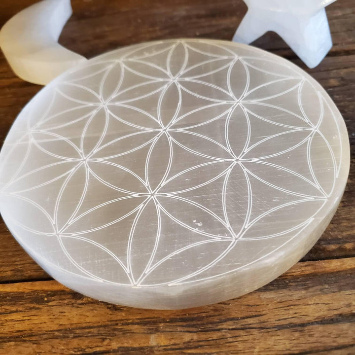 Flower of Life Etched Selenite Plate, Morrocan Selenite Etched Flower of Life Cleansing Plate - SOUTHBAYSALTS 