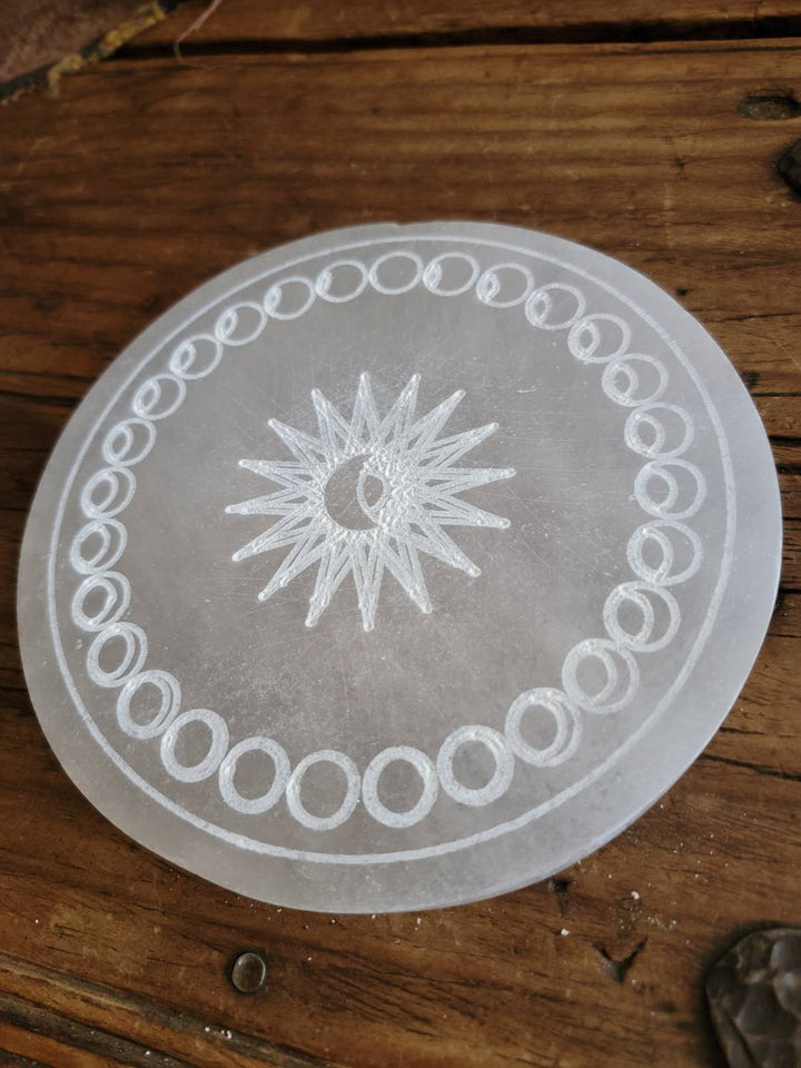 Moon Phase Selenite Plate, Morrocan Selenite Plate with Sun and Moon Phase Etching - SOUTHBAYSALTS 