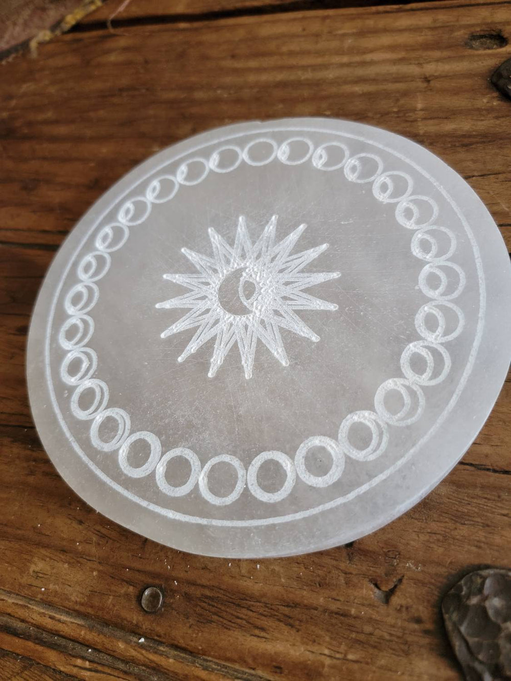 Moon Phase Selenite Plate, Morrocan Selenite Plate with Sun and Moon Phase Etching - SOUTHBAYSALTS 