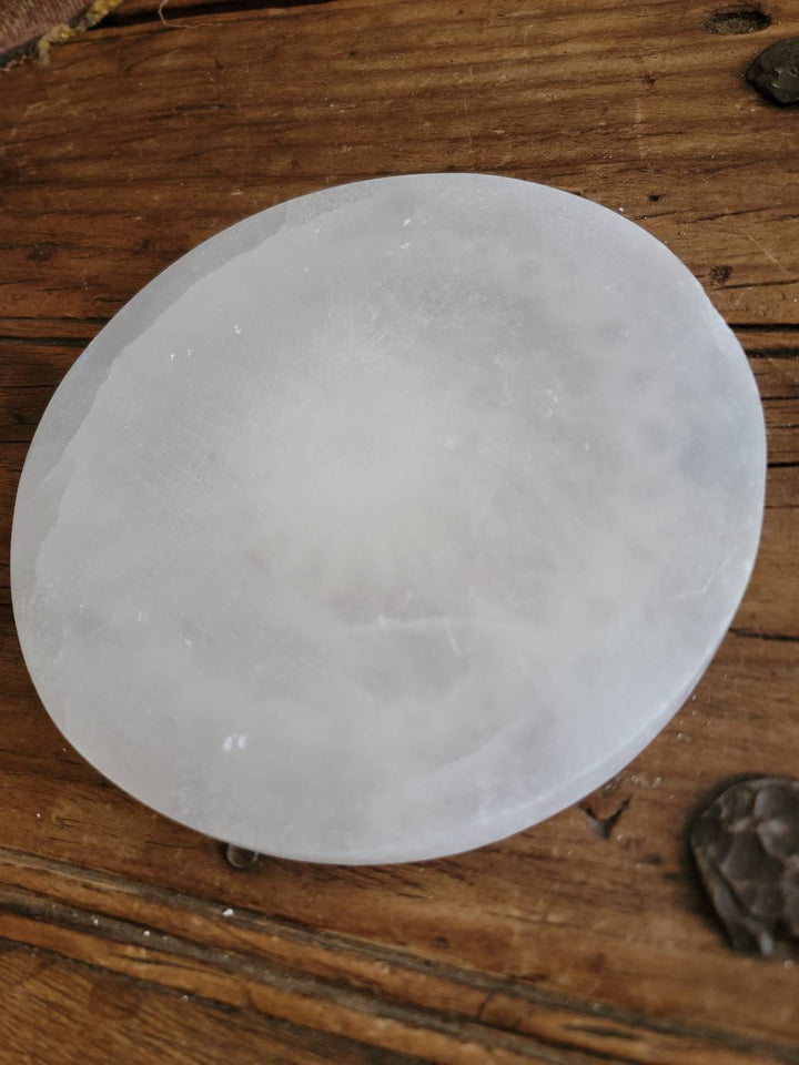 Moon Phase Selenite Plate, Morrocan Selenite Plate with Sun and Moon Phase Etching - SOUTHBAYSALTS 