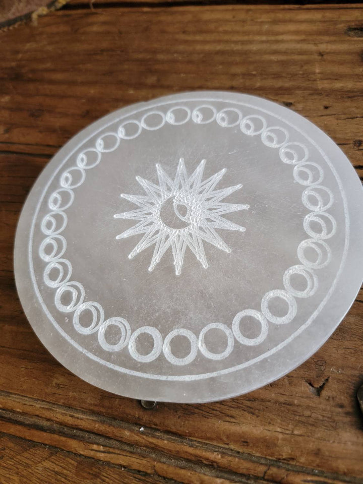 Moon Phase Selenite Plate, Morrocan Selenite Plate with Sun and Moon Phase Etching - SOUTHBAYSALTS 