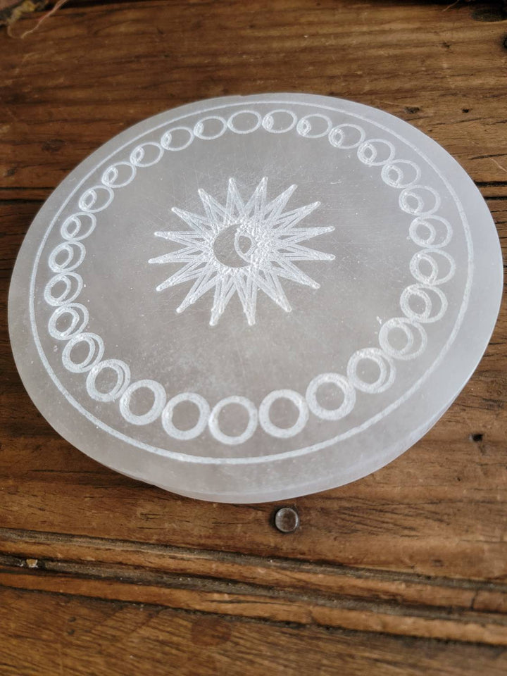 Moon Phase Selenite Plate, Morrocan Selenite Plate with Sun and Moon Phase Etching - SOUTHBAYSALTS 