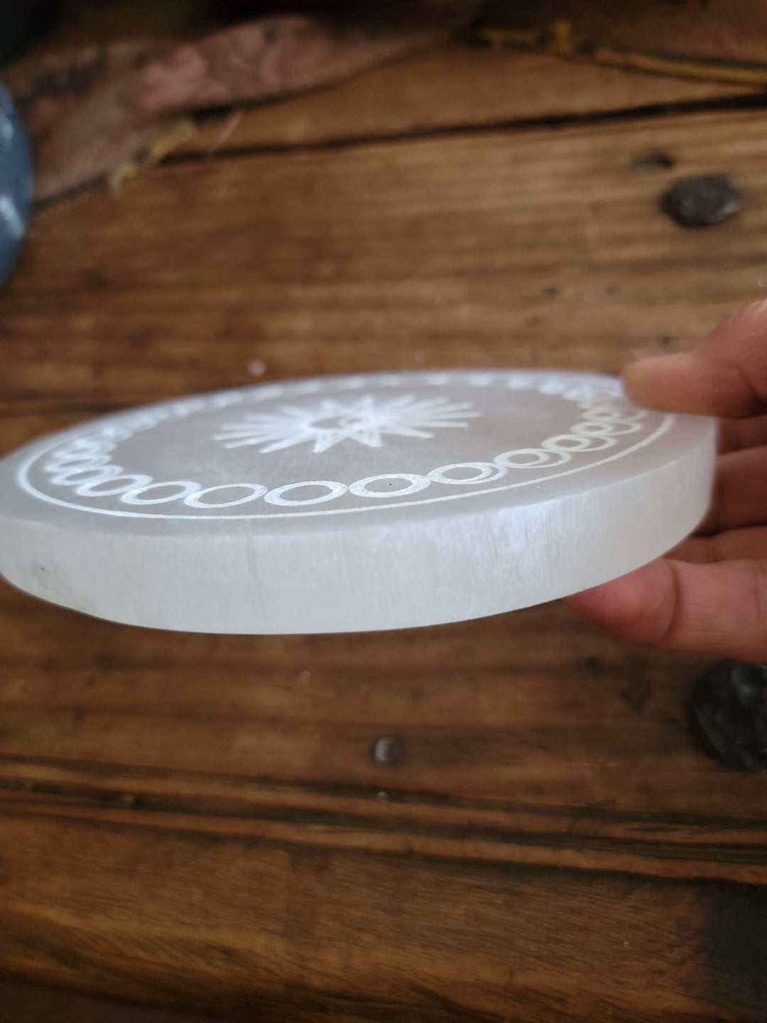 Moon Phase Selenite Plate, Morrocan Selenite Plate with Sun and Moon Phase Etching - SOUTHBAYSALTS 