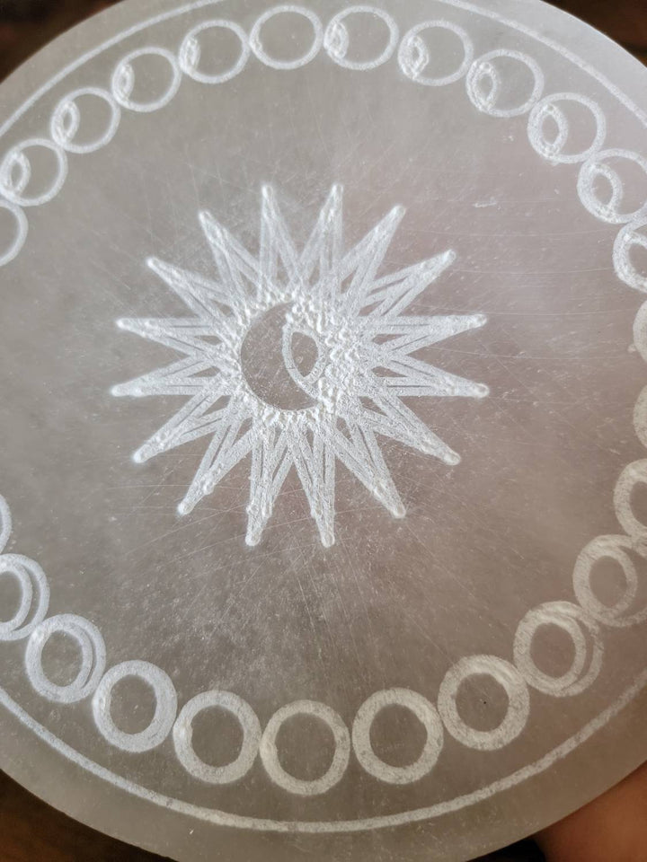 Moon Phase Selenite Plate, Morrocan Selenite Plate with Sun and Moon Phase Etching - SOUTHBAYSALTS 