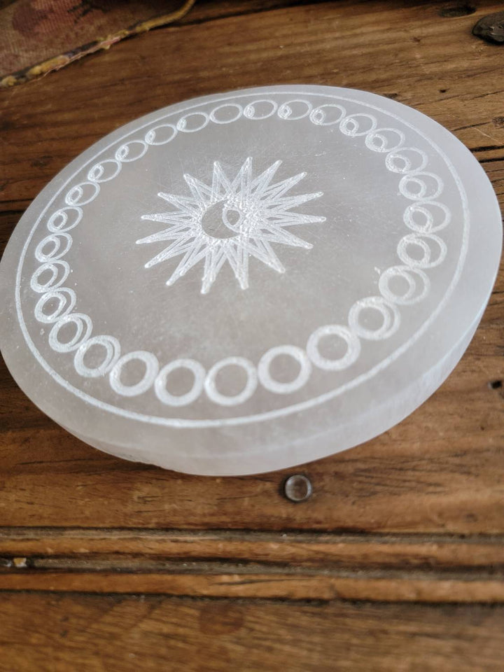 Moon Phase Selenite Plate, Morrocan Selenite Plate with Sun and Moon Phase Etching - SOUTHBAYSALTS 