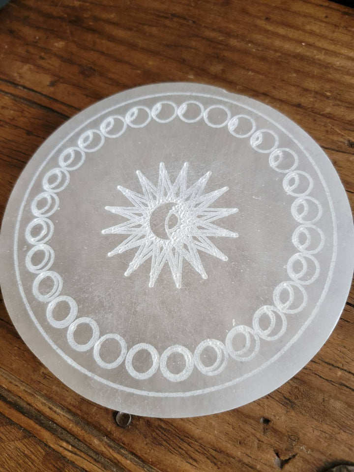 Moon Phase Selenite Plate, Morrocan Selenite Plate with Sun and Moon Phase Etching - SOUTHBAYSALTS 