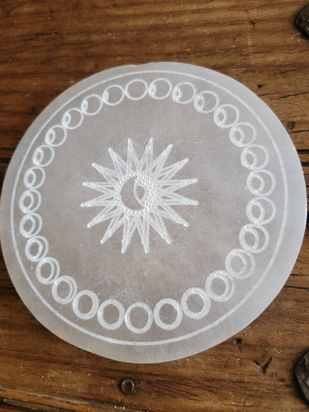 Moon Phase Selenite Plate, Morrocan Selenite Plate with Sun and Moon Phase Etching - SOUTHBAYSALTS 