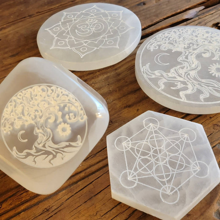 Moroccan Selenite Cleansing Plates, Tree of Life Selenite Plate, Ohm in Lotus Selenite Plate, Metatron Hexagon Plate, Tree of Life Cube - SOUTHBAYSALTS 