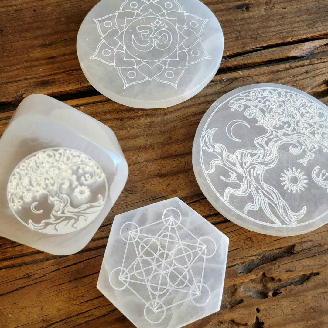 Moroccan Selenite Cleansing Plates, Tree of Life Selenite Plate, Ohm in Lotus Selenite Plate, Metatron Hexagon Plate, Tree of Life Cube - SOUTHBAYSALTS 