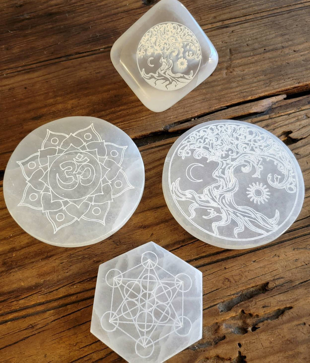 Moroccan Selenite Cleansing Plates, Tree of Life Selenite Plate, Ohm in Lotus Selenite Plate, Metatron Hexagon Plate, Tree of Life Cube - SOUTHBAYSALTS 