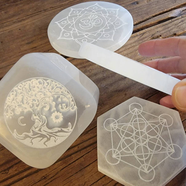 Moroccan Selenite Cleansing Plates, Tree of Life Selenite Plate, Ohm in Lotus Selenite Plate, Metatron Hexagon Plate, Tree of Life Cube - SOUTHBAYSALTS 