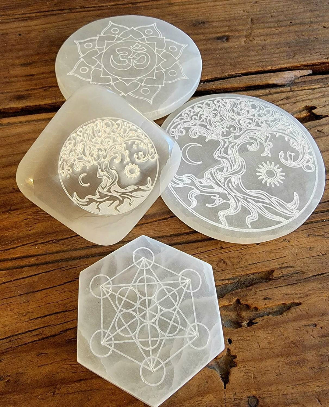 Moroccan Selenite Cleansing Plates, Tree of Life Selenite Plate, Ohm in Lotus Selenite Plate, Metatron Hexagon Plate, Tree of Life Cube - SOUTHBAYSALTS 