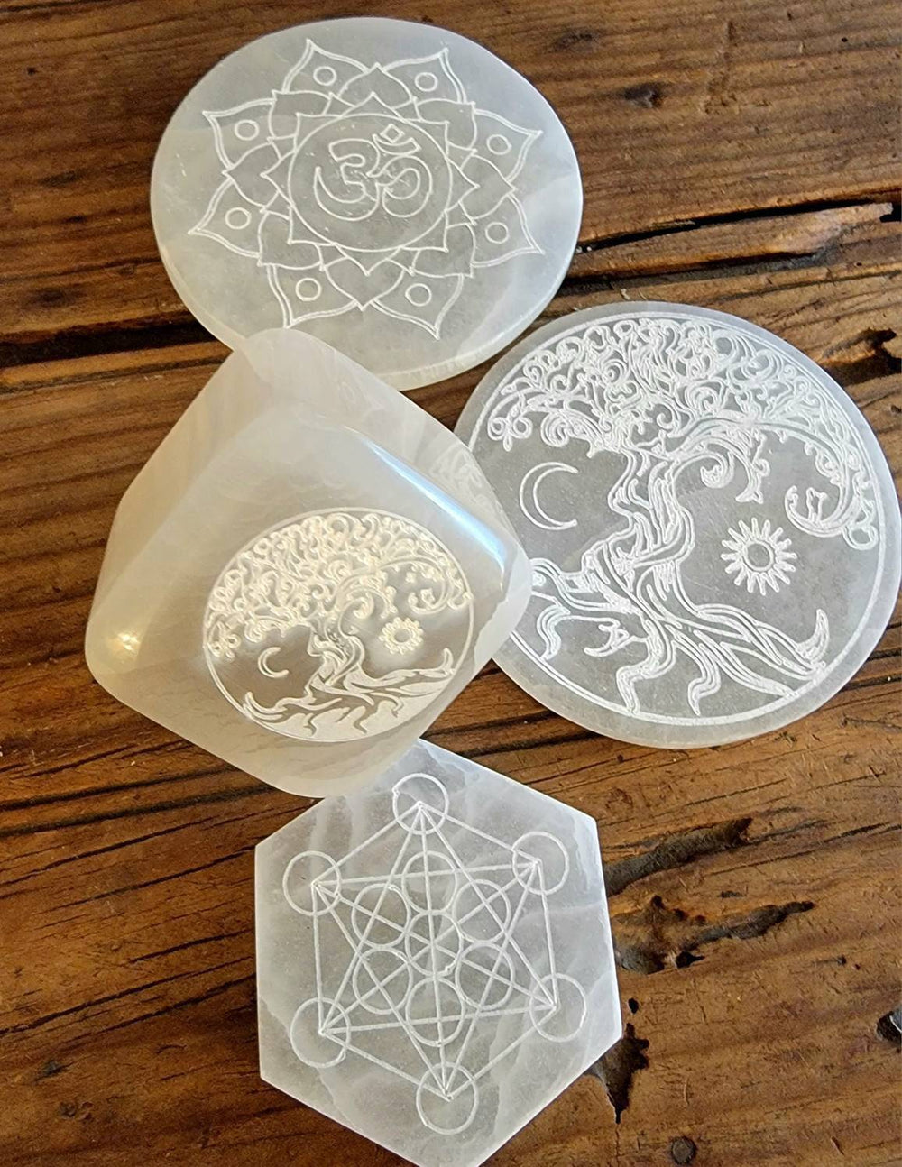 Moroccan Selenite Cleansing Plates, Tree of Life Selenite Plate, Ohm in Lotus Selenite Plate, Metatron Hexagon Plate, Tree of Life Cube - SOUTHBAYSALTS 