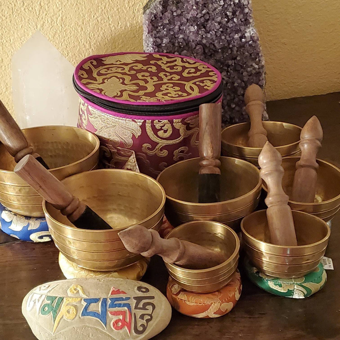 Healing Vibrational Hand Hammered Tibetan Singing Bowl Set Complete with Strikers Cushion and Case, Easy to play Singing Bowl made in Nepal - SOUTHBAYSALTS 