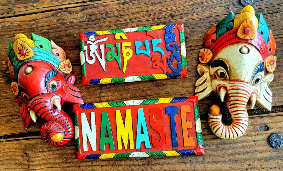 Hand Painted Wood Nameste Signs, Hand Painted Om Mani Padme Hum Signs, Hand Painted Ganesh Wall Hangings - SOUTHBAYSALTS 