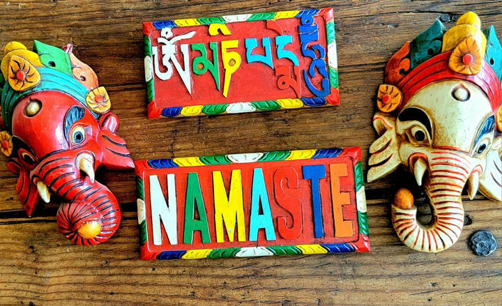 Hand Painted Wood Nameste Signs, Hand Painted Om Mani Padme Hum Signs, Hand Painted Ganesh Wall Hangings - SOUTHBAYSALTS 